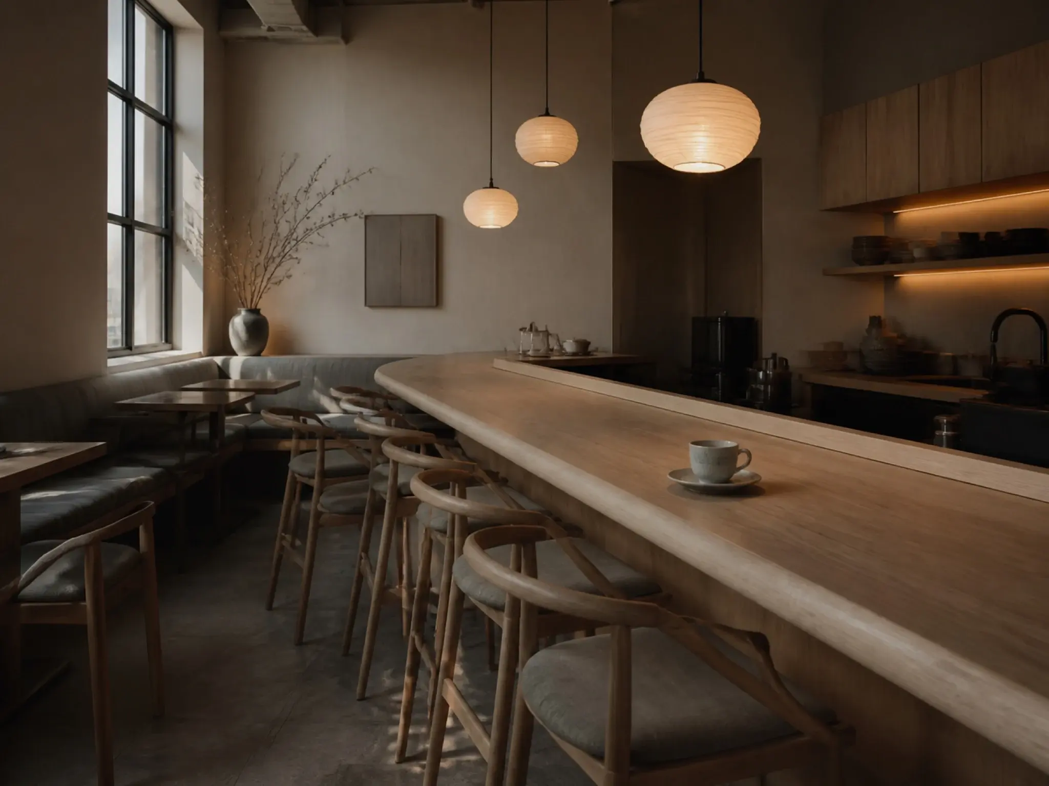 Japandi restaurant interior with pale oak joinery, linen banquettes and diffused lighting