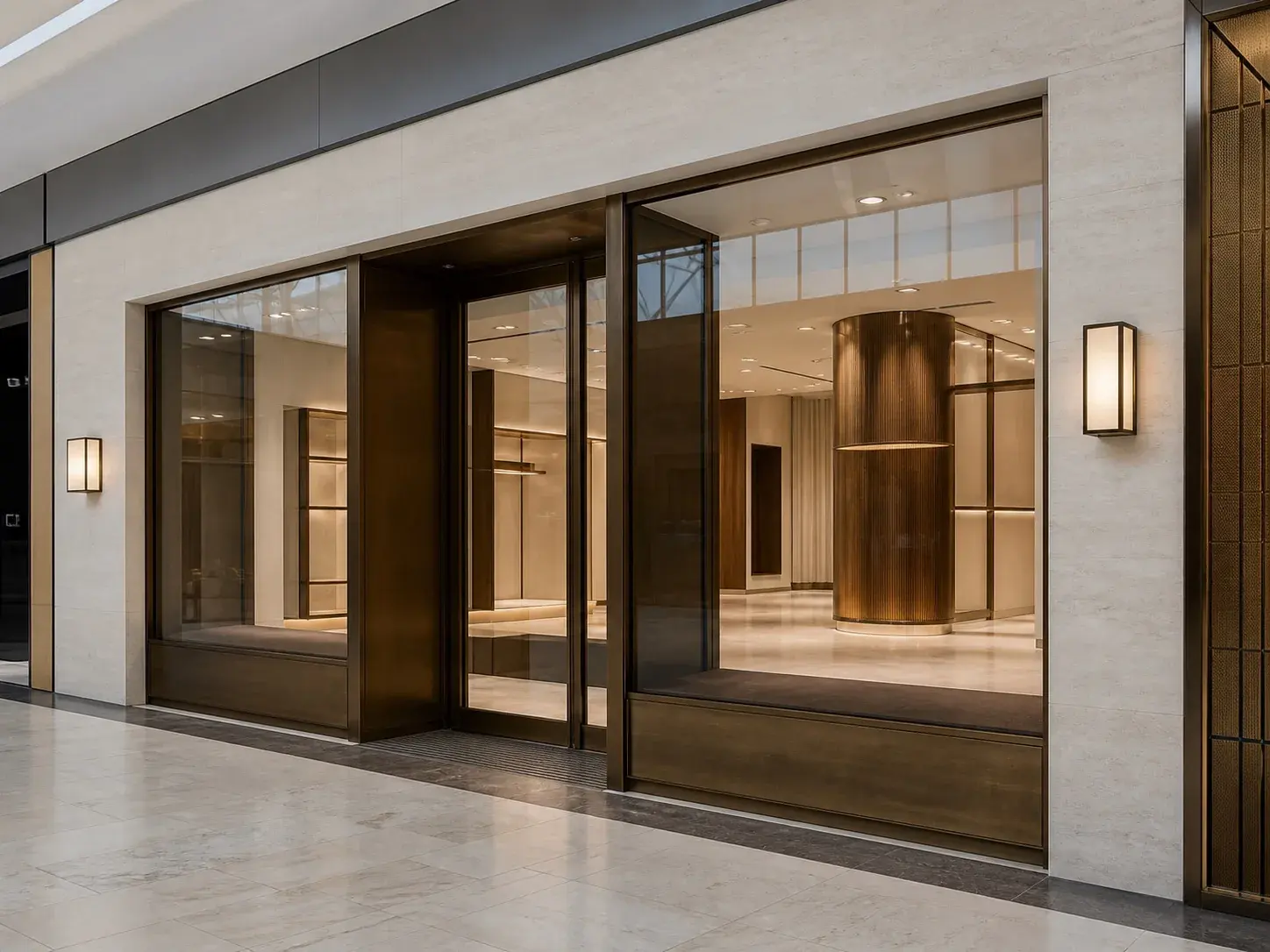 Illuminated retail shopfront with bronze framing, glazing and built-up signage lettering in a Dubai mall