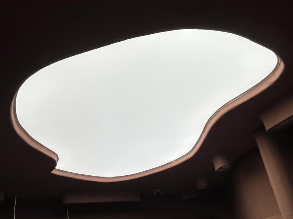 Free-form illuminated stretch ceiling panel with an organic curved edge in a Dubai interior