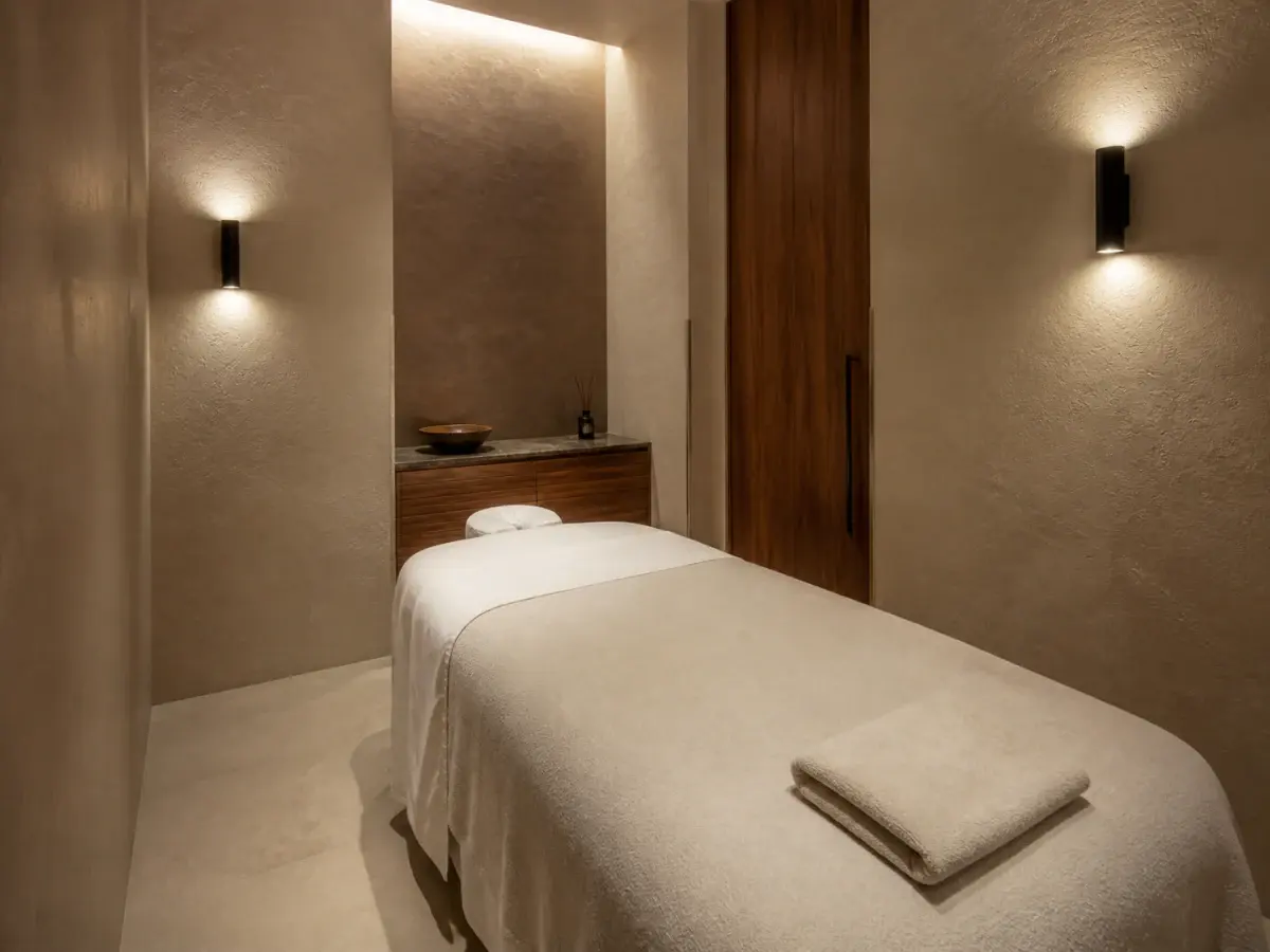 Spa treatment room fit-out in Dubai with microcement walls, a massage bed and warm wall-washer lighting