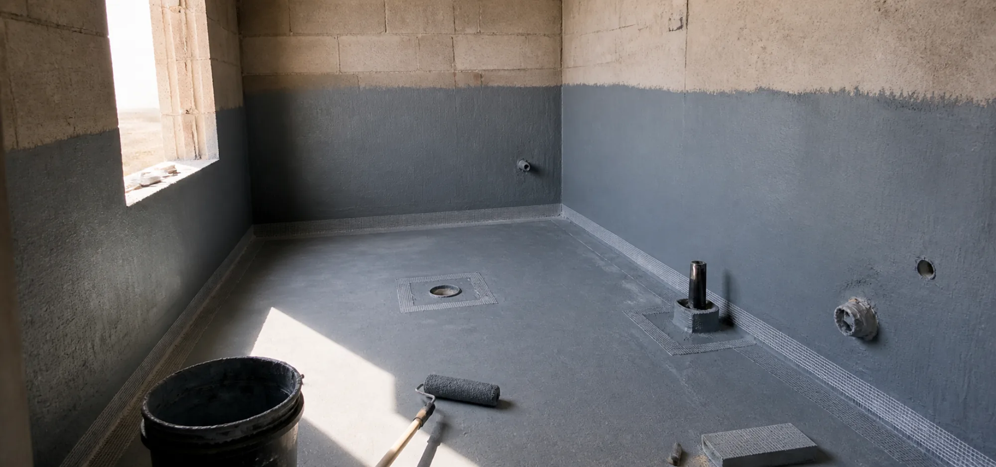 Wet area waterproofing membrane applied to floor and wall upstands with reinforcement tape at junctions and penetrations