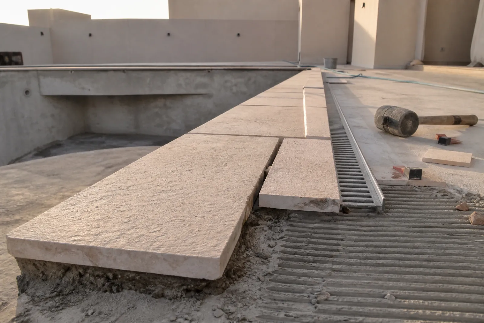 Limestone coping bedded on the bond beam with an open expansion joint to the deck