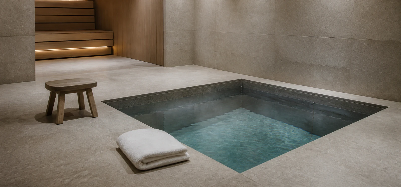 Cold plunge pool installation with stone surround and recovery seating in a Dubai wellness room