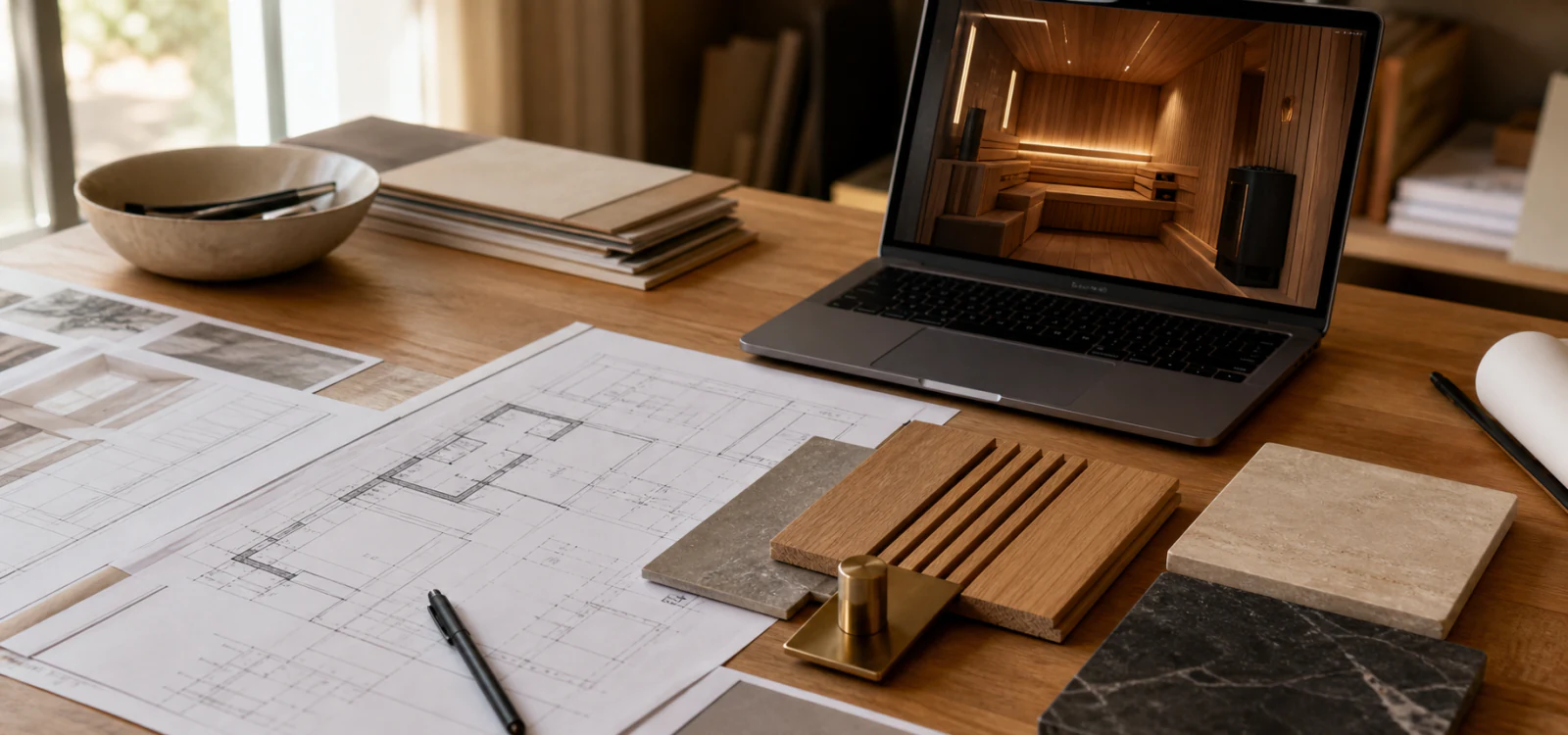 Wellness space design consultation with layout drawings, finish samples and lighting plan